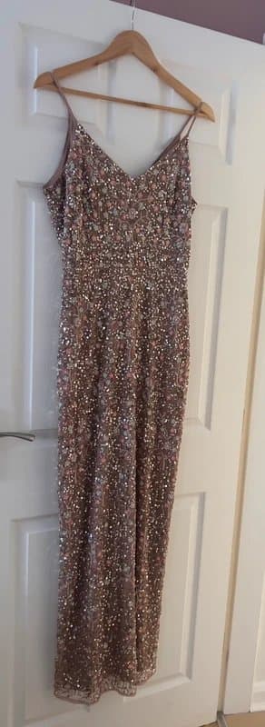ASOS Embellished Beauut Petite maxi dress with floral embroidery in taupe