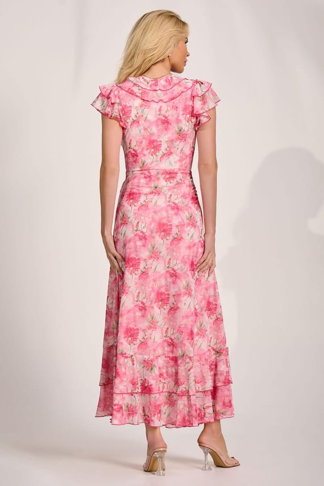 Jolie Moi Jolie Moi Women's Ruffle V-Neck Mesh Maxi Dress in Pink - 2