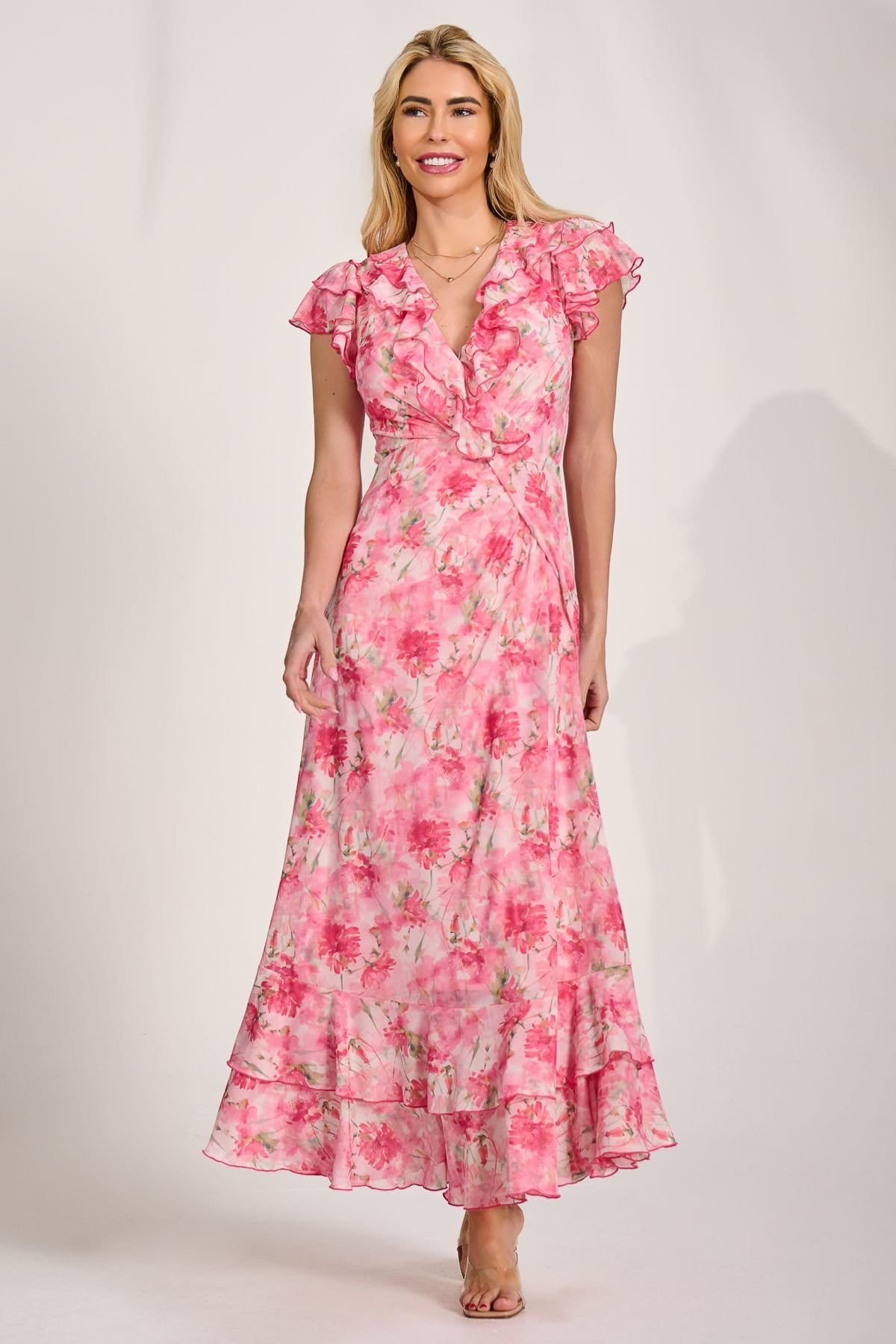 Jolie Moi Jolie Moi Women's Ruffle V-Neck Mesh Maxi Dress in Pink - 4