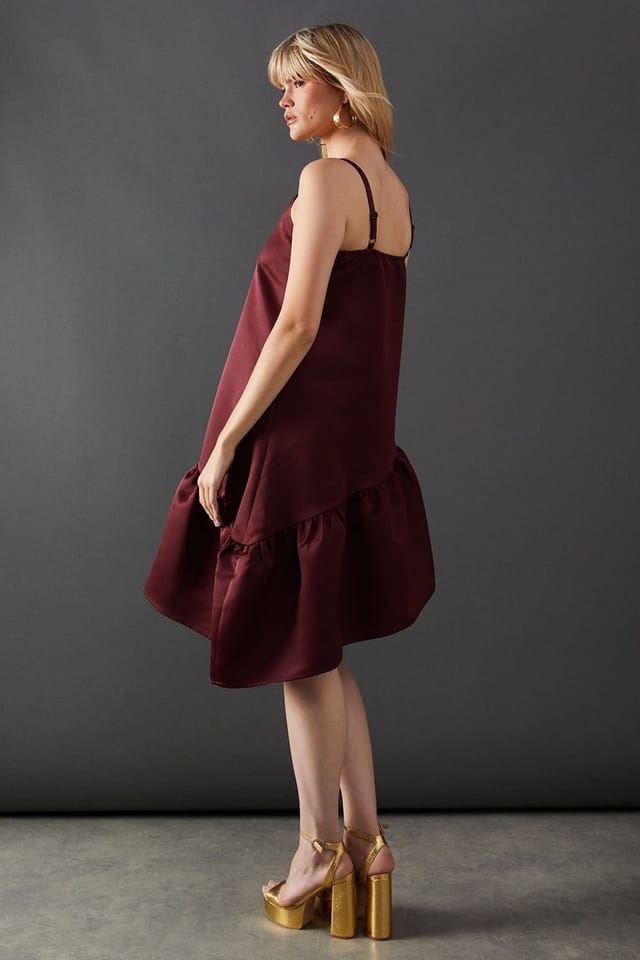 Warehouse Warehouse Women's Satin High Neck Asymmetric Smock Dress in Dark Red - 3