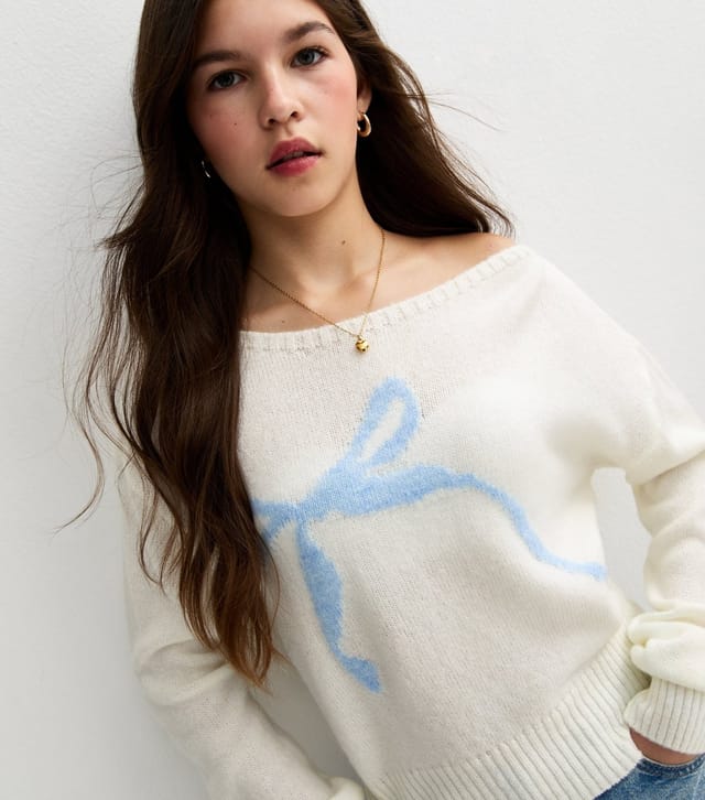 New Look Girls' Cream Slash Neck Bow Jumper New Look - 2