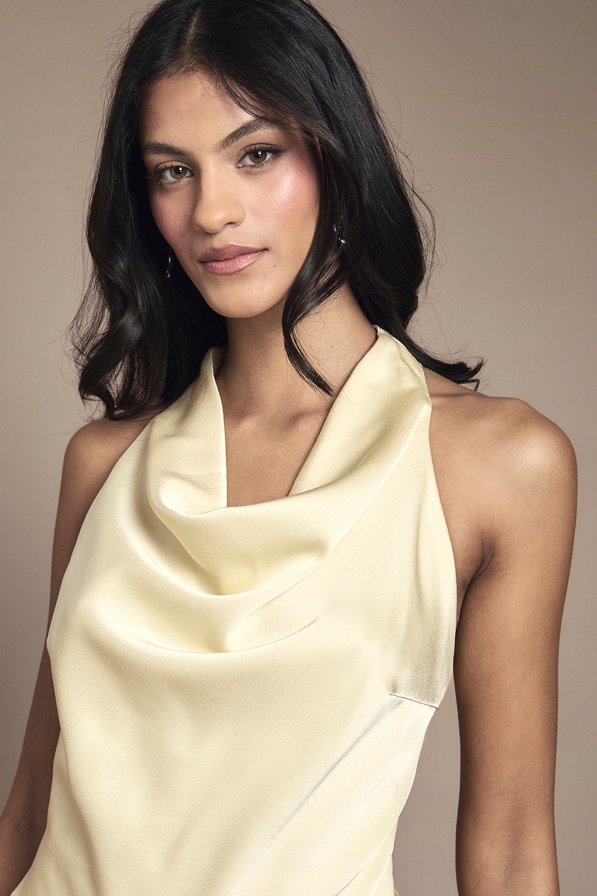 Oasis Oasis Women's Petite Cowl Halterneck Satin Maxi Bridesmaid Dress in Lemon - 4