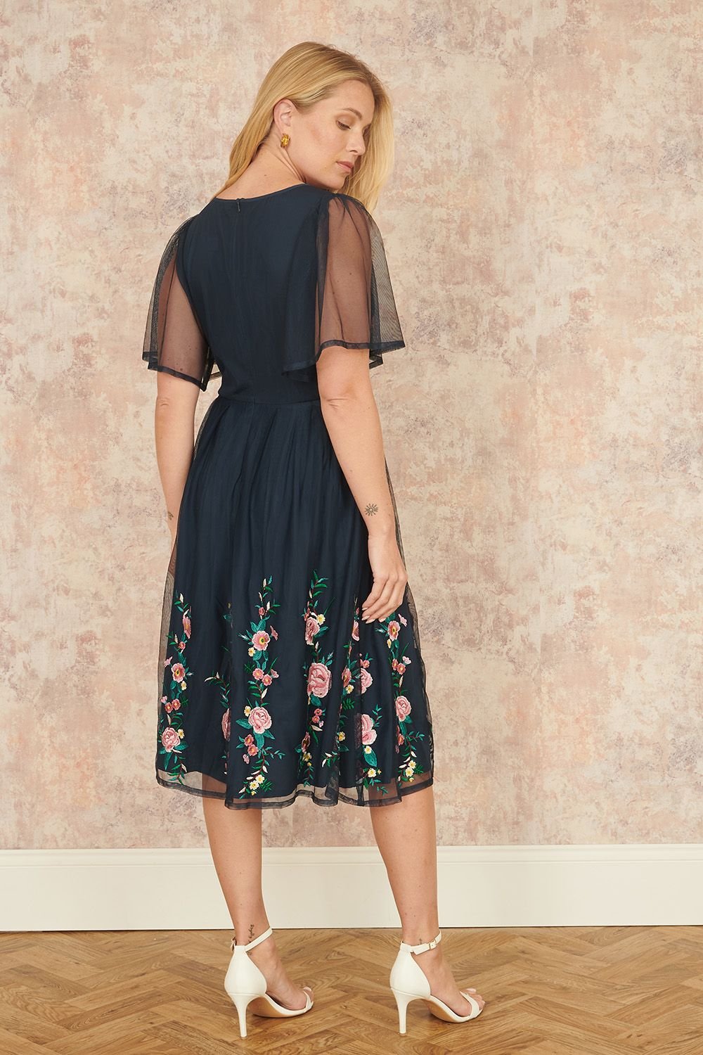 Yumi Yumi Women's Navy Embroidered Short Mesh Sleeve Prom Skater Dress - 3