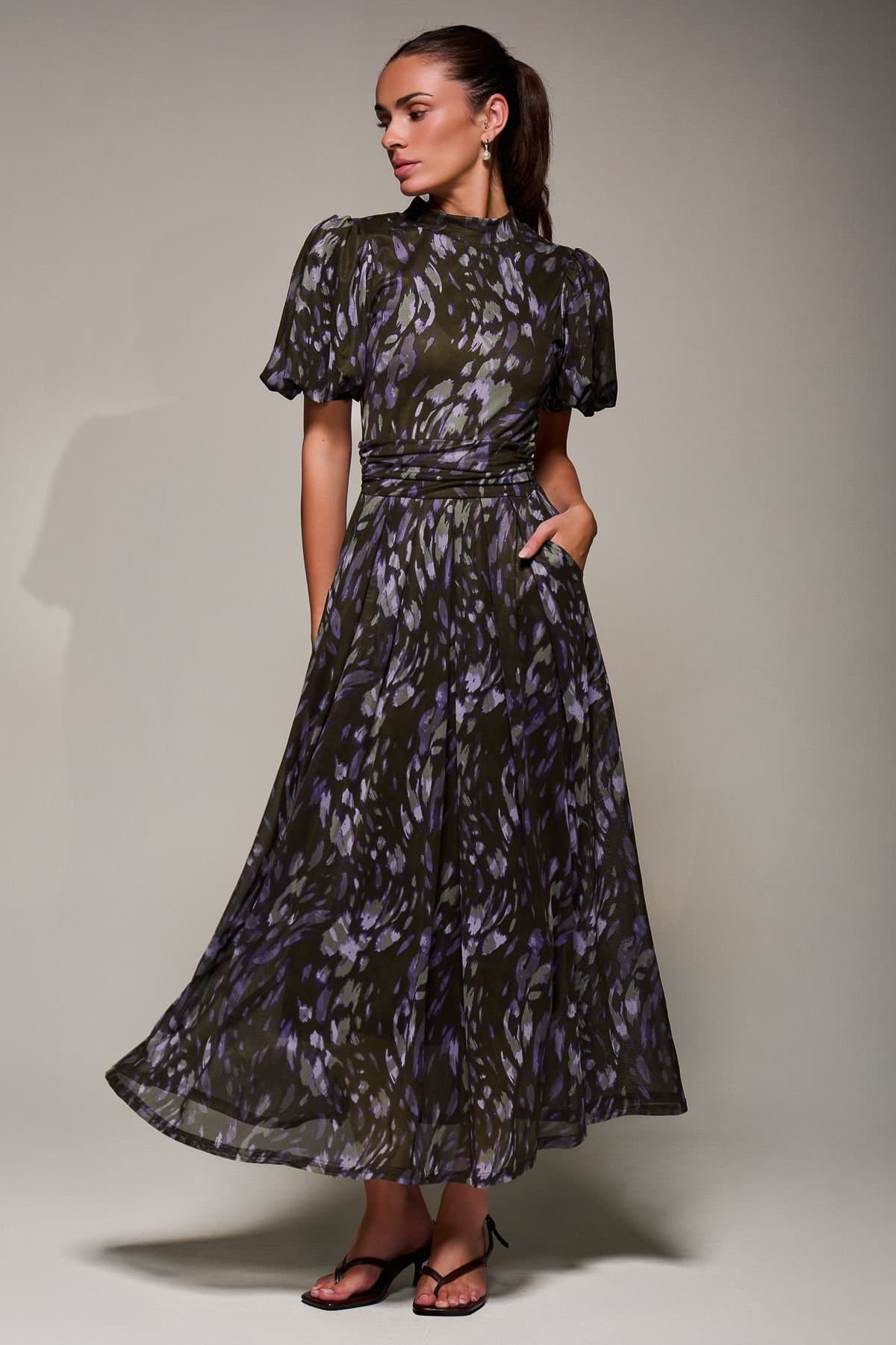 Jolie Moi Jolie Moi Women's Puffy Sleeve Printed Mesh Maxi Dress in Dark Green