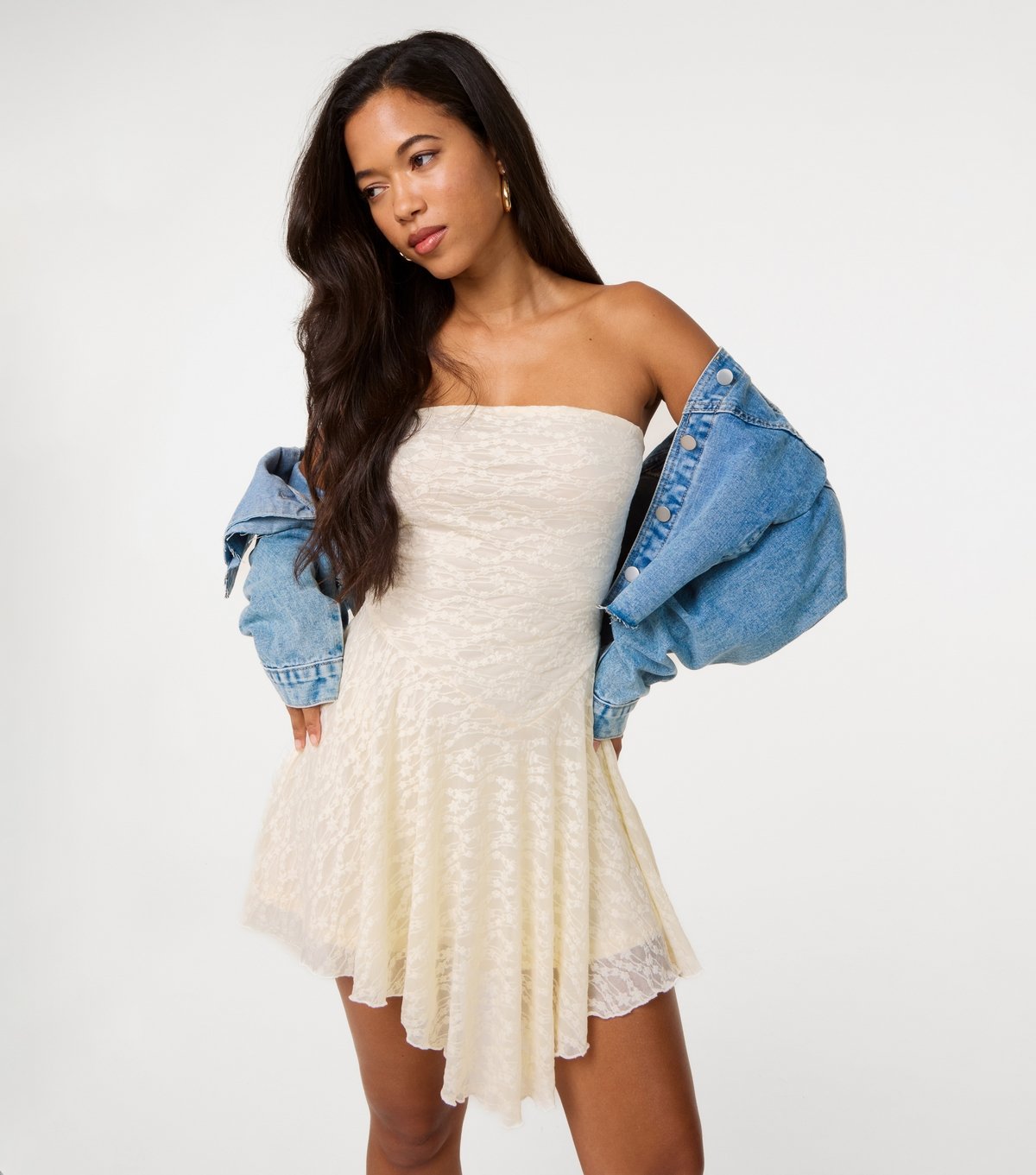 Pink Vanilla Women's Cream Lace Asymmetric Strapless Midi Dress Pink Vanilla New Look - 3