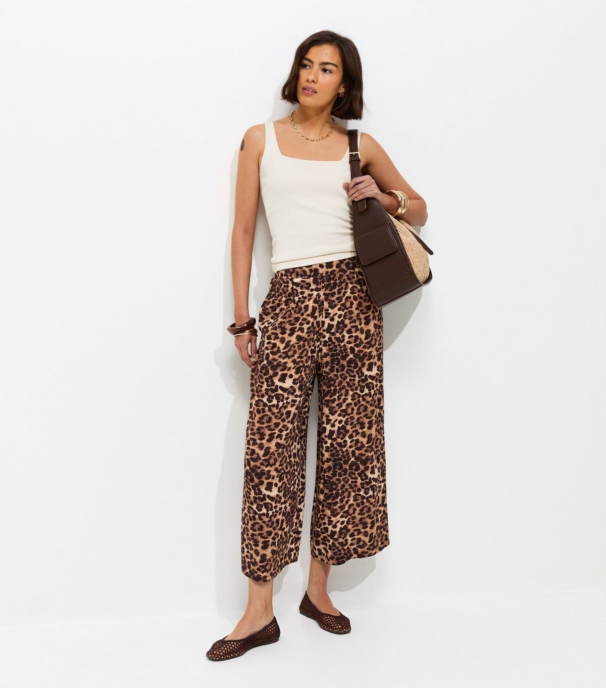 New Look Brown Animal Print Cropped Wide Leg Trousers