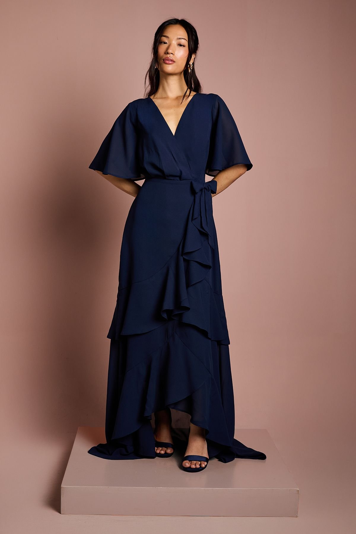 Coast Coast Women's Angel Sleeve Tiered Bridesmaid Maxi Dress in Navy - 2