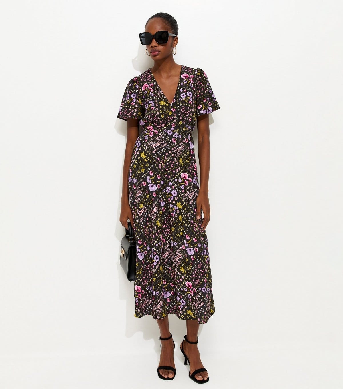 New Look Black Floral Print Tiered Midi Dress