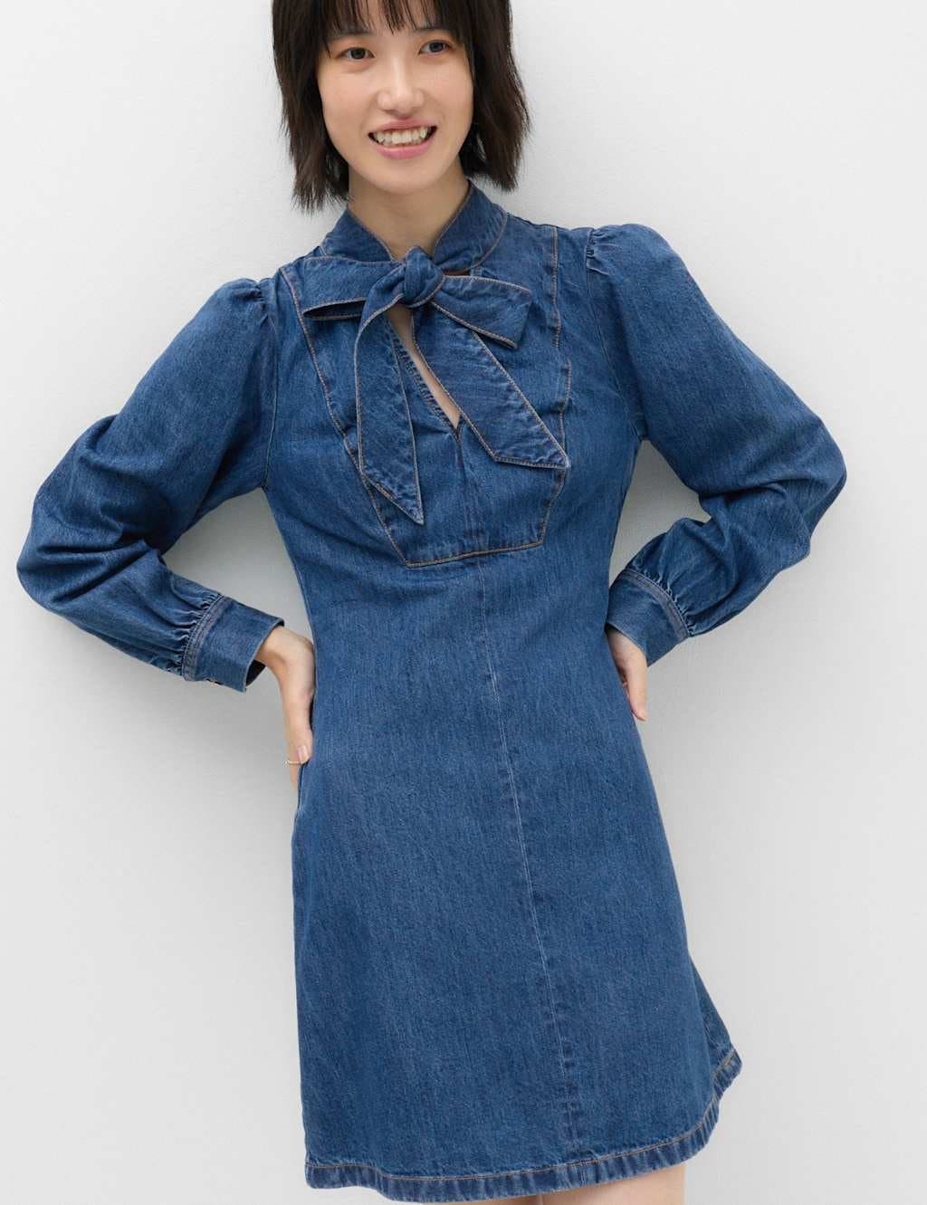Marks & Spencer M&S Denim Tie Neck Mini Swing Dress Denim