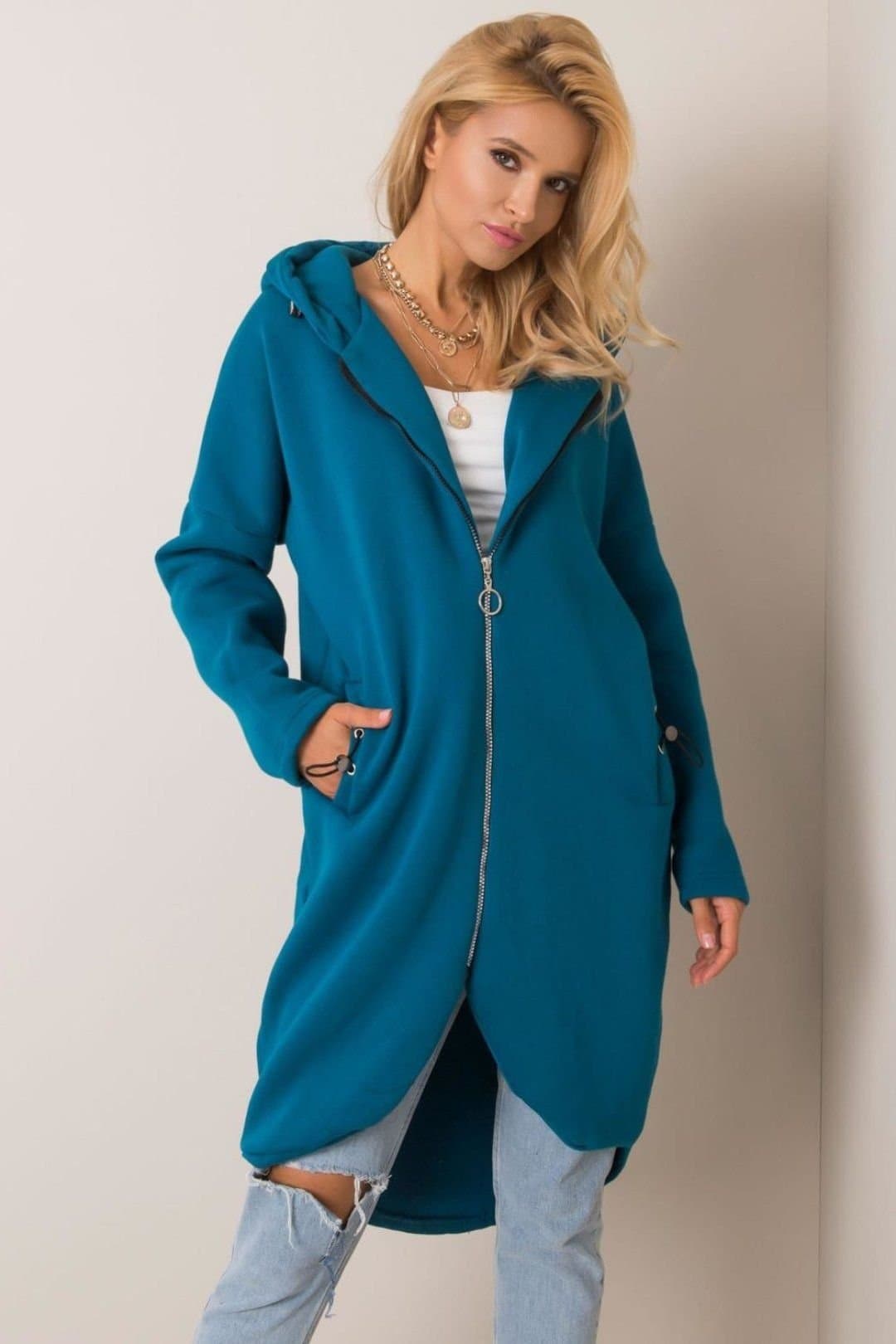 Love Lace Love Lace Women's Extended Cut Zip Hooded Sweatshirt in Teal