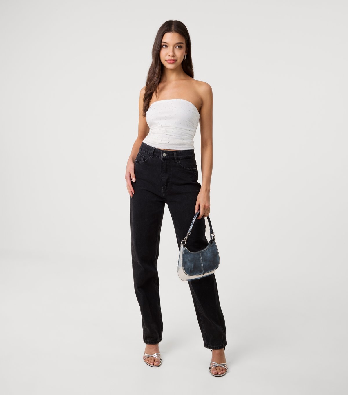 Pink Vanilla Women's Off White Mesh Diamante Embellished Bandeau Top Pink Vanilla New Look - 2