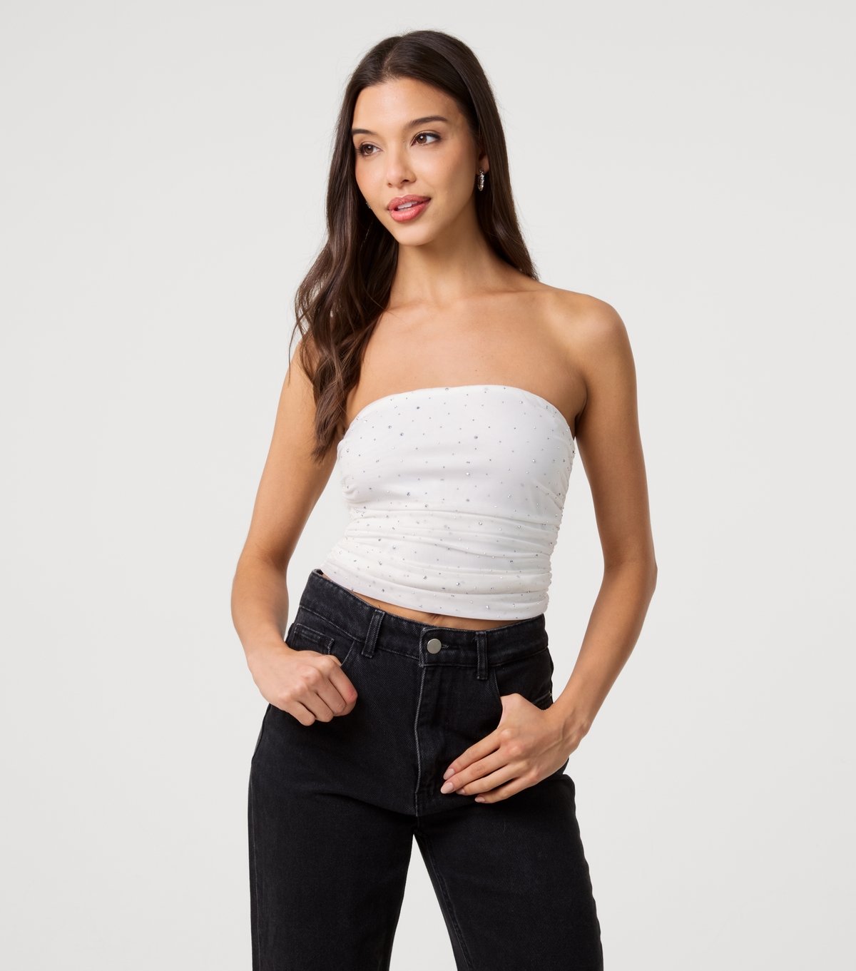 Pink Vanilla Women's Off White Mesh Diamante Embellished Bandeau Top Pink Vanilla New Look - 3