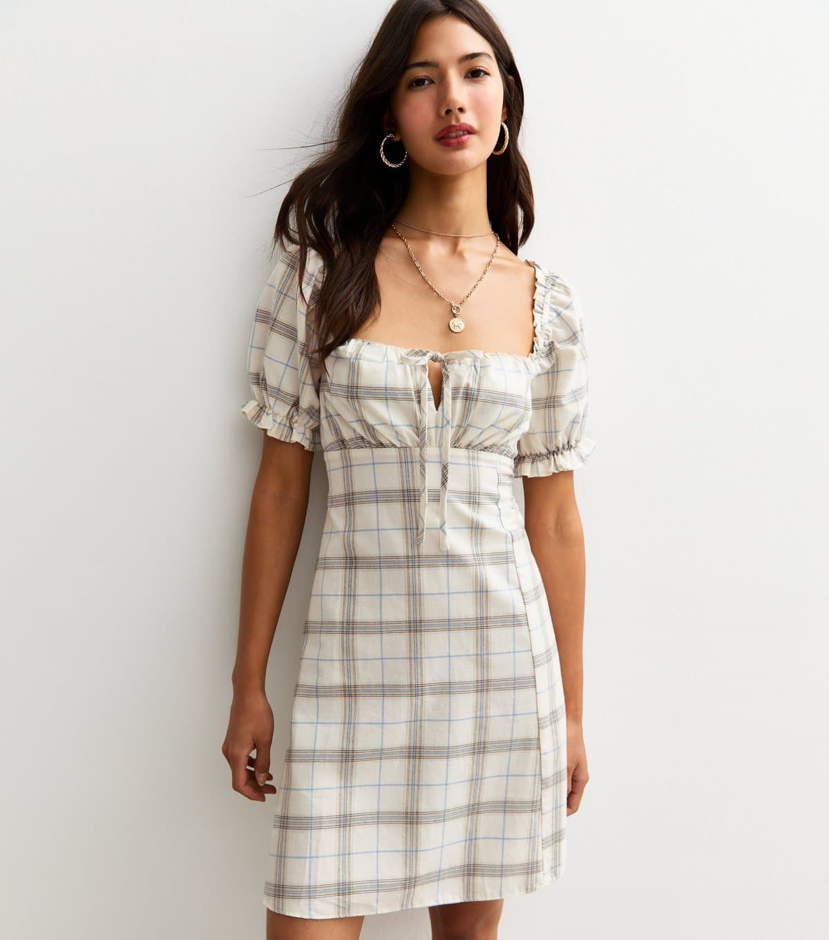 New Look Women's Cream Checked Milkmaid Mini Dress New Look
