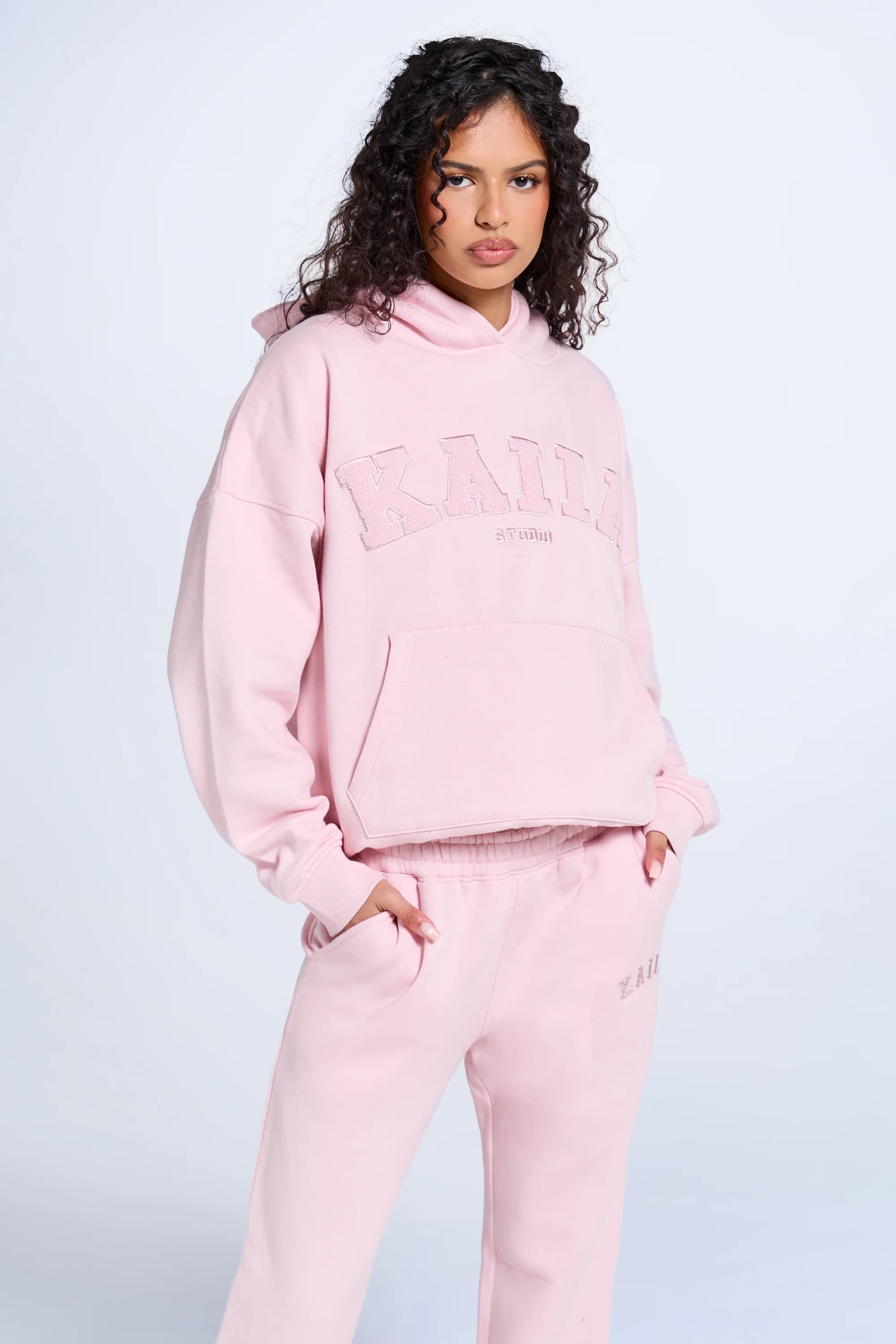 Kaiia Kaiia Studio Borg Slogan Oversized Hoodie Pink Chai