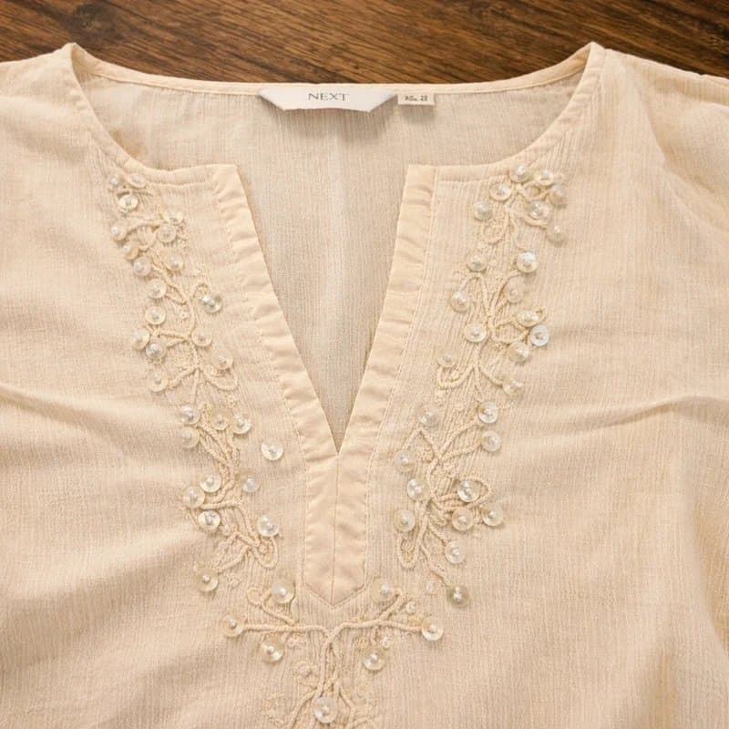 Next Next vintage 2000s  crepe cotton embroidered beaded light cream beige cottagecore blouse size 16