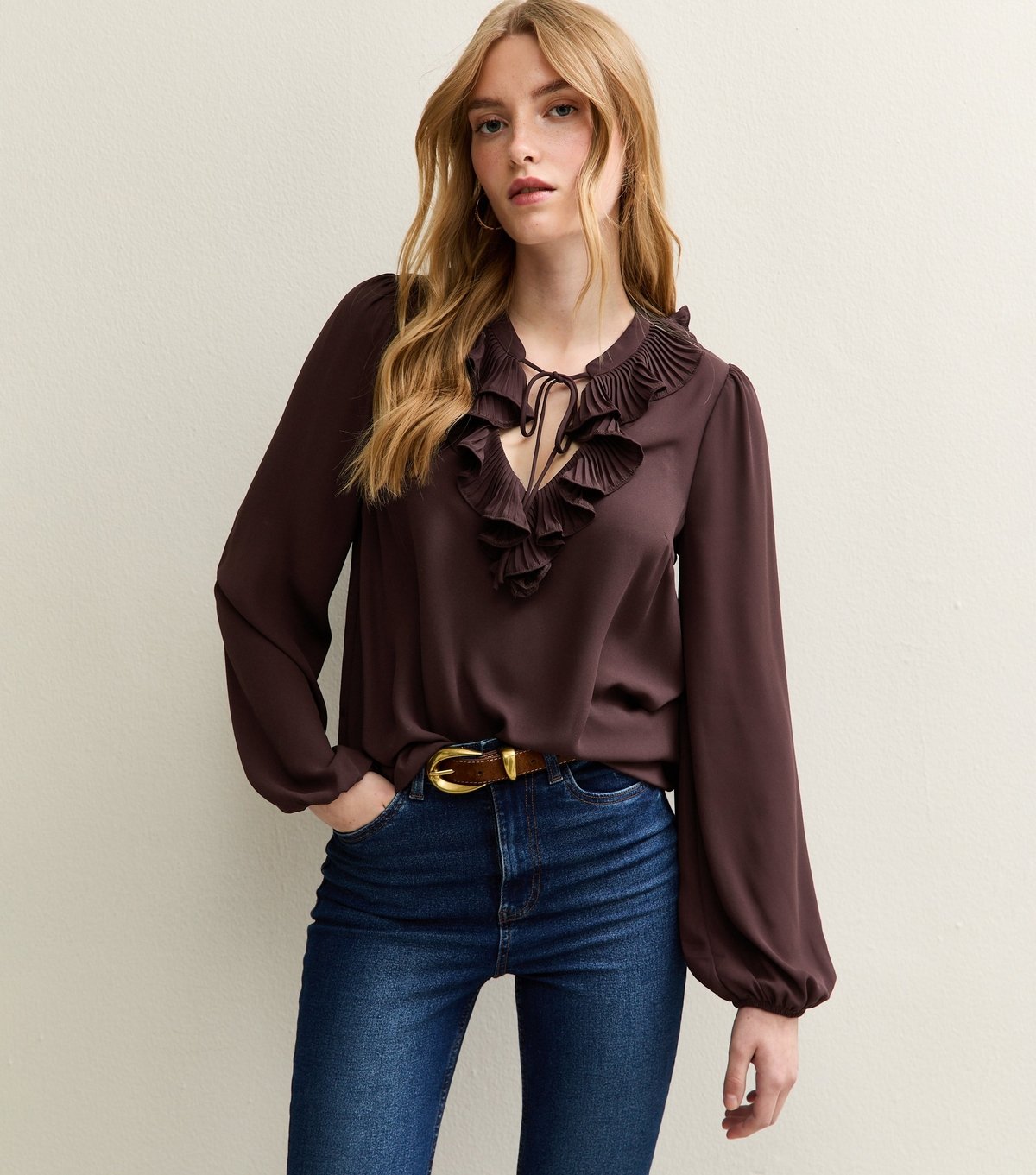 New Look Women's Burgundy Ruffled Tie Neck Long Sleeve Blouse New Look - 2