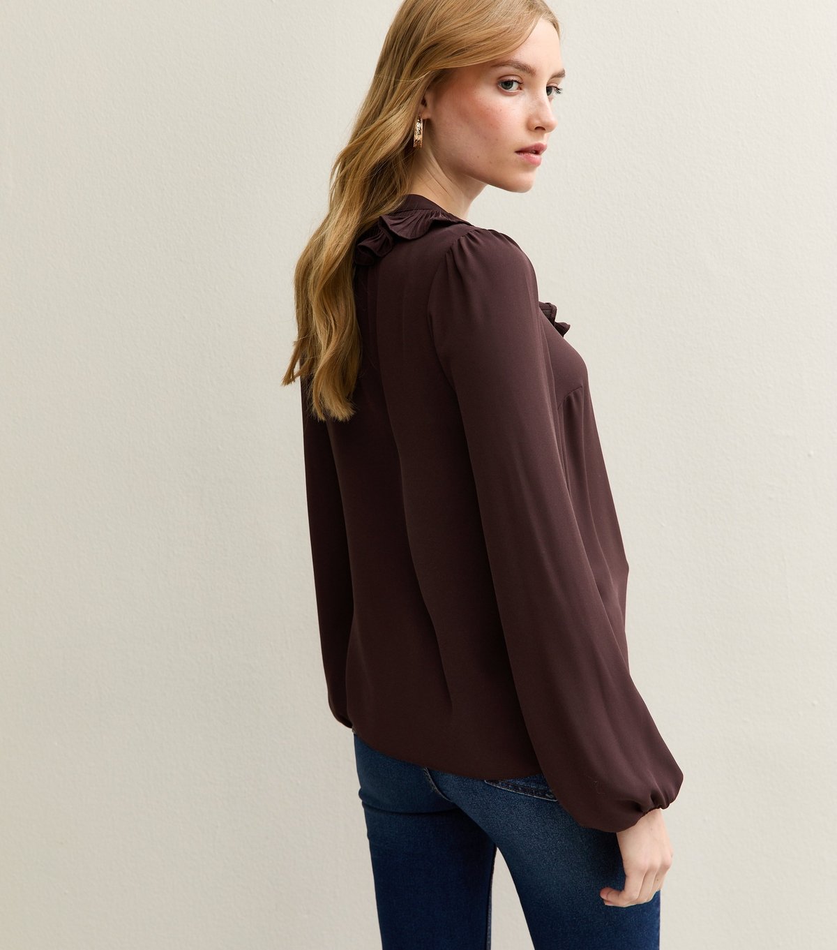 New Look Women's Burgundy Ruffled Tie Neck Long Sleeve Blouse New Look - 4