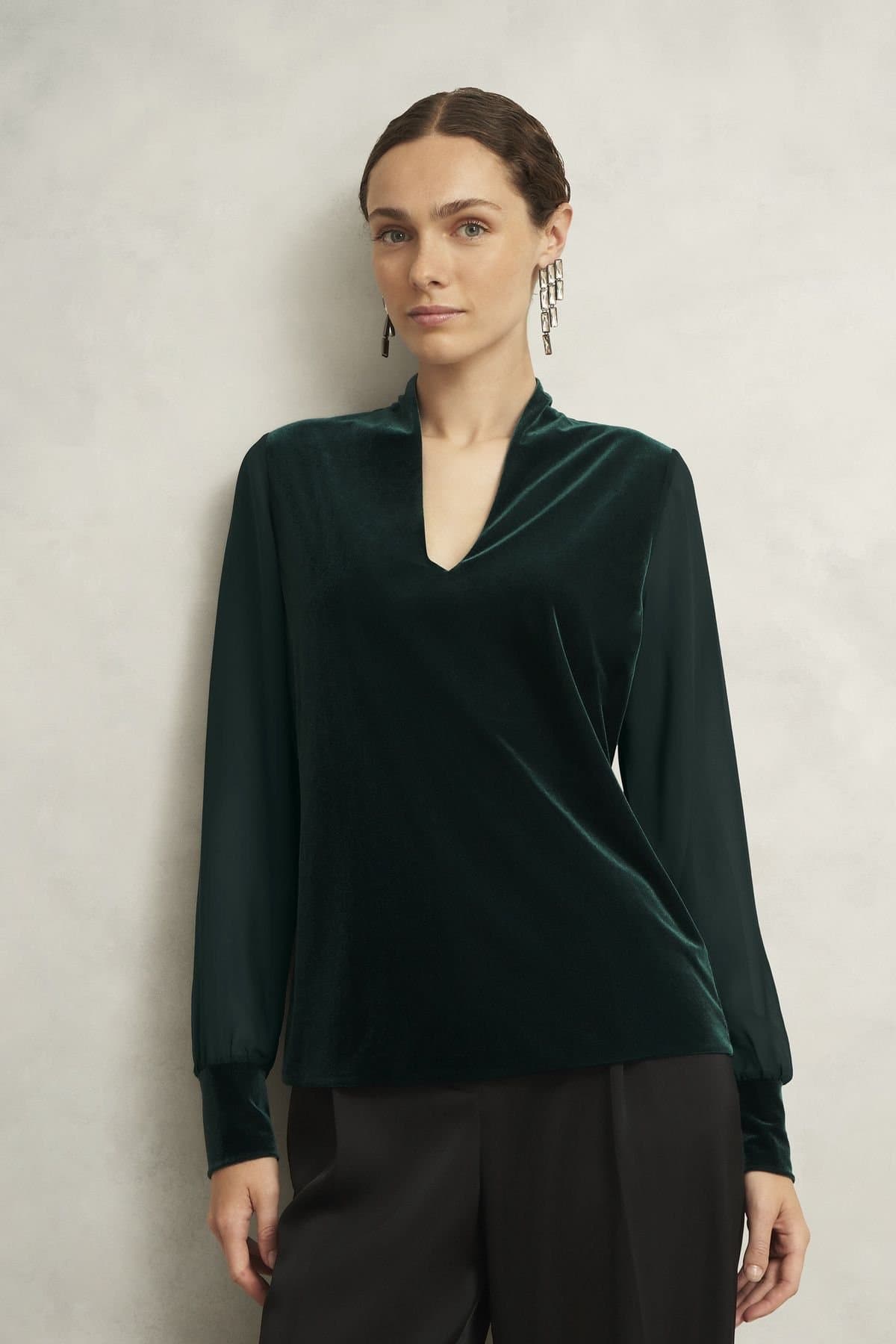 Hobbs London Hobbs London Bottle Green Velvet Long-Sleeve Top
