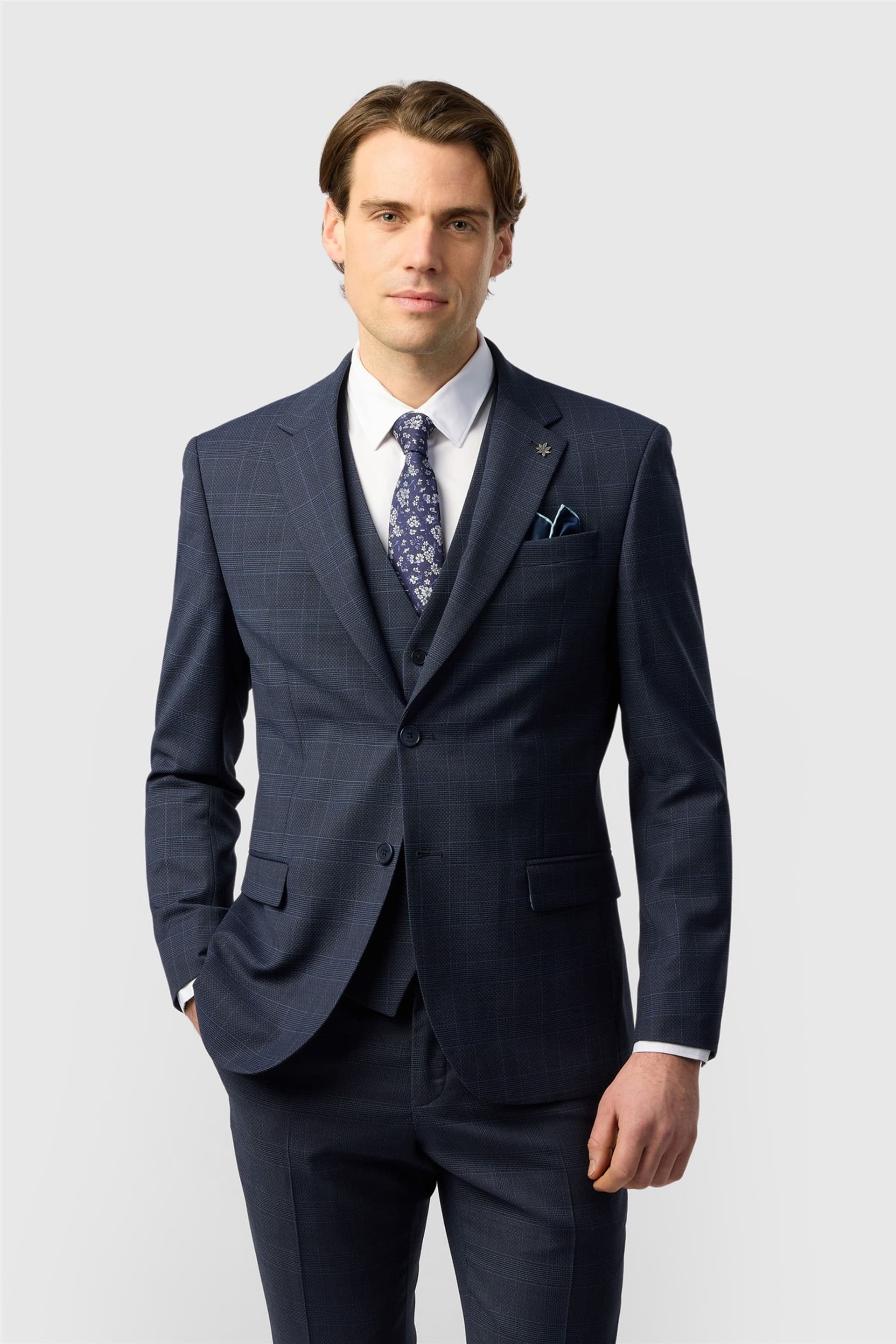 Ted Baker Ted Baker Men's Single Breasted Two Button Checked Slim Fit Suit Jacket in Navy