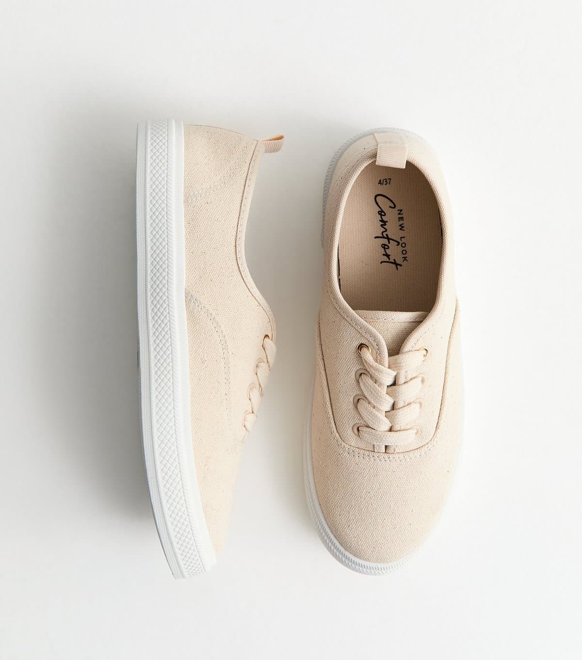 New Look Women's Off White Cotton Canvas Flat Lace Up Trainers Vegan New Look