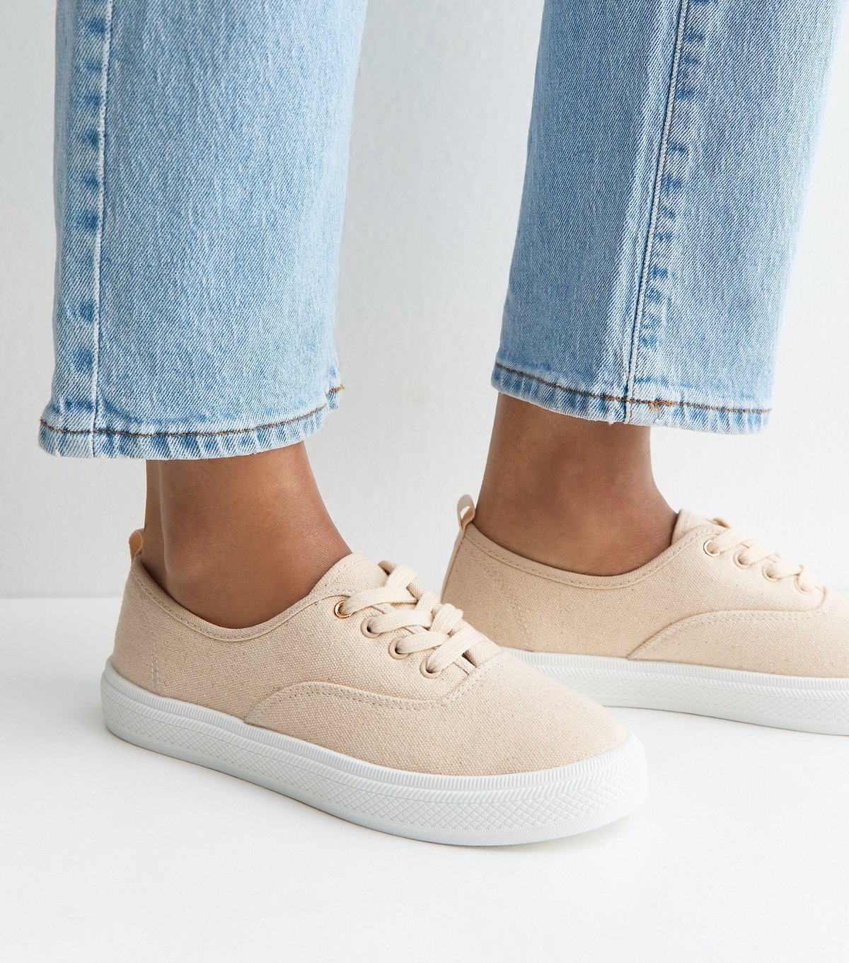 New Look Women's Off White Cotton Canvas Flat Lace Up Trainers Vegan New Look - 2