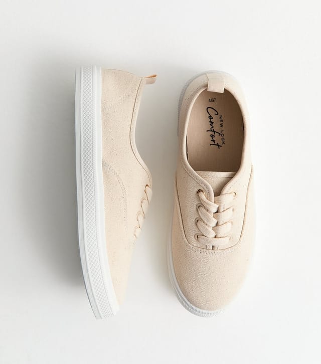 New Look Women's Off White Cotton Canvas Flat Lace Up Trainers Vegan New Look - 2
