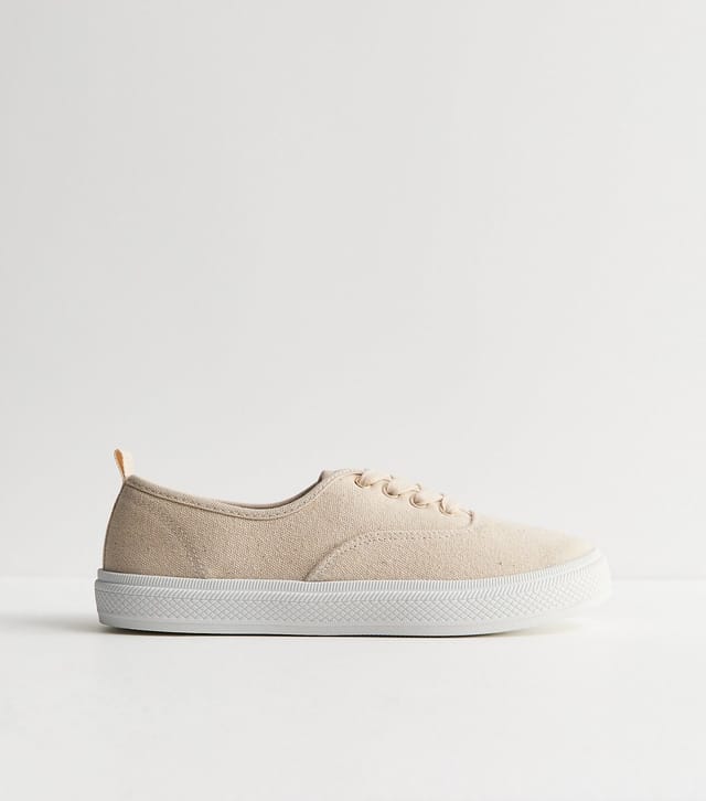New Look Women's Off White Cotton Canvas Flat Lace Up Trainers Vegan New Look - 3