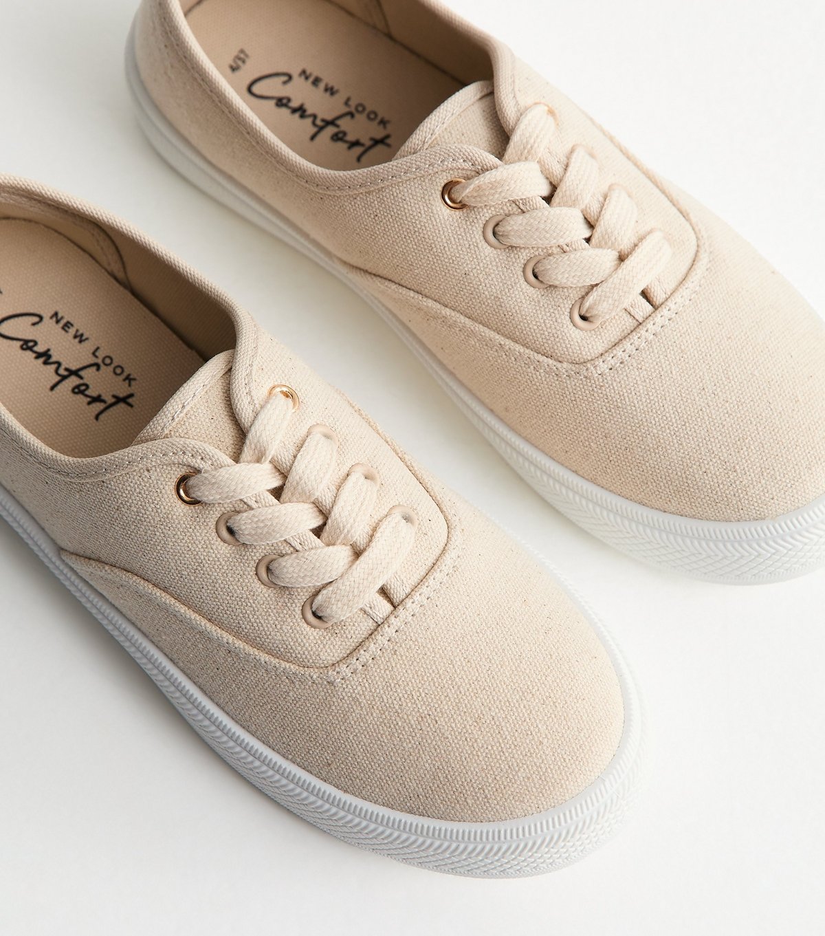 New Look Women's Off White Cotton Canvas Flat Lace Up Trainers Vegan New Look - 4