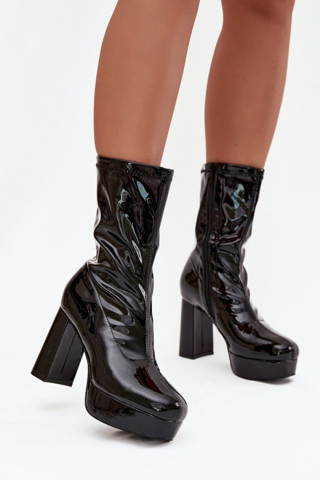 Love Lace Love Lace Women's Shiny Ankle Boots with Block Heel Platform Zip Insulated in Black
