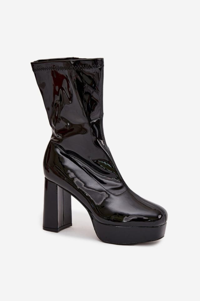 Love Lace Love Lace Women's Shiny Ankle Boots with Block Heel Platform Zip Insulated in Black - 2