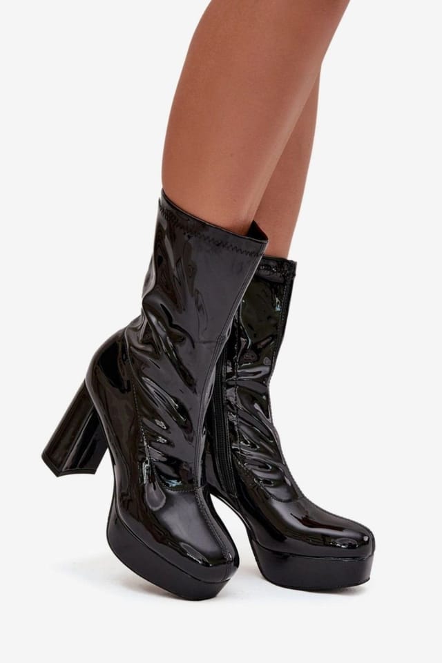 Love Lace Love Lace Women's Shiny Ankle Boots with Block Heel Platform Zip Insulated in Black - 3