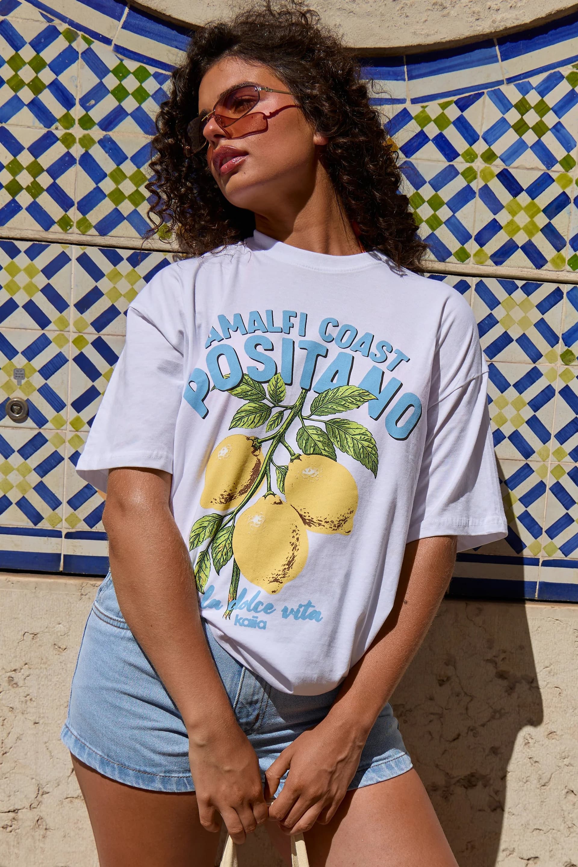 Kaiia Kaiia Positano Lemon Graphic Oversized T-shirt White