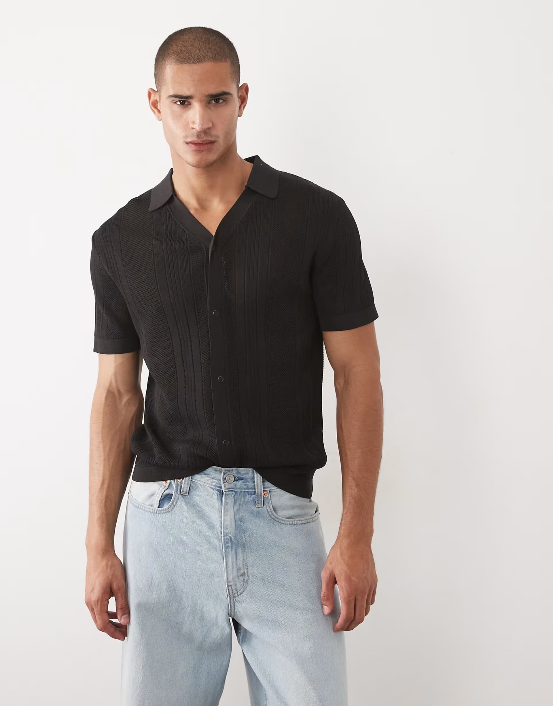 ASOS River Island textured knitted shirt in black