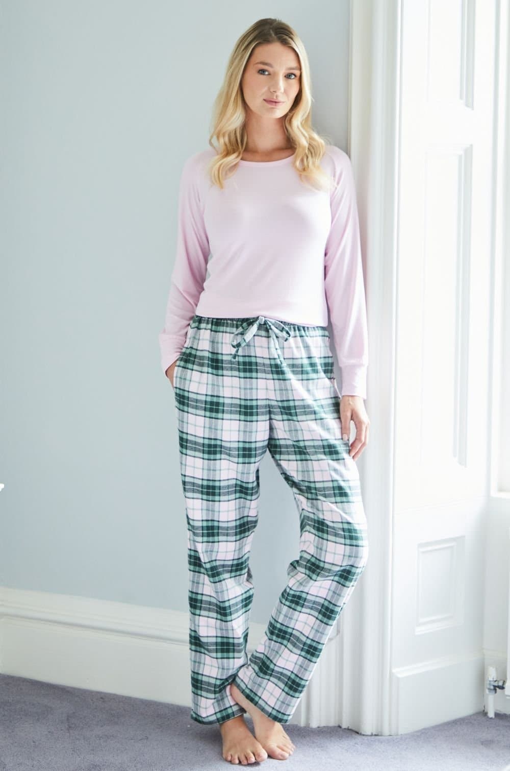 British Boxers British Boxers Women's "Burnet Rose" Tartan Brushed Cotton Pyjama Trousers in Baby Pink