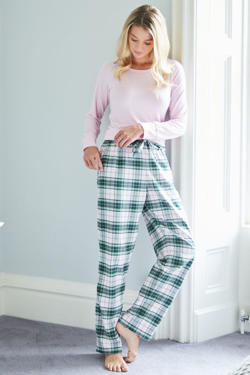British Boxers British Boxers Women's "Burnet Rose" Tartan Brushed Cotton Pyjama Trousers in Baby Pink - 2