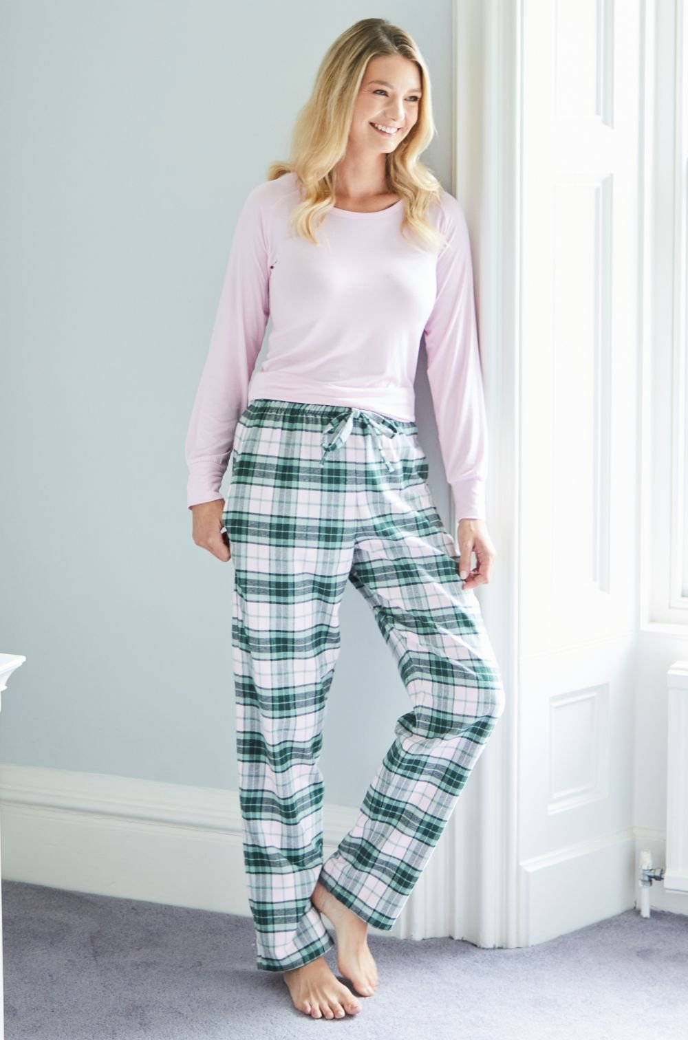 British Boxers British Boxers Women's "Burnet Rose" Tartan Brushed Cotton Pyjama Trousers in Baby Pink - 3