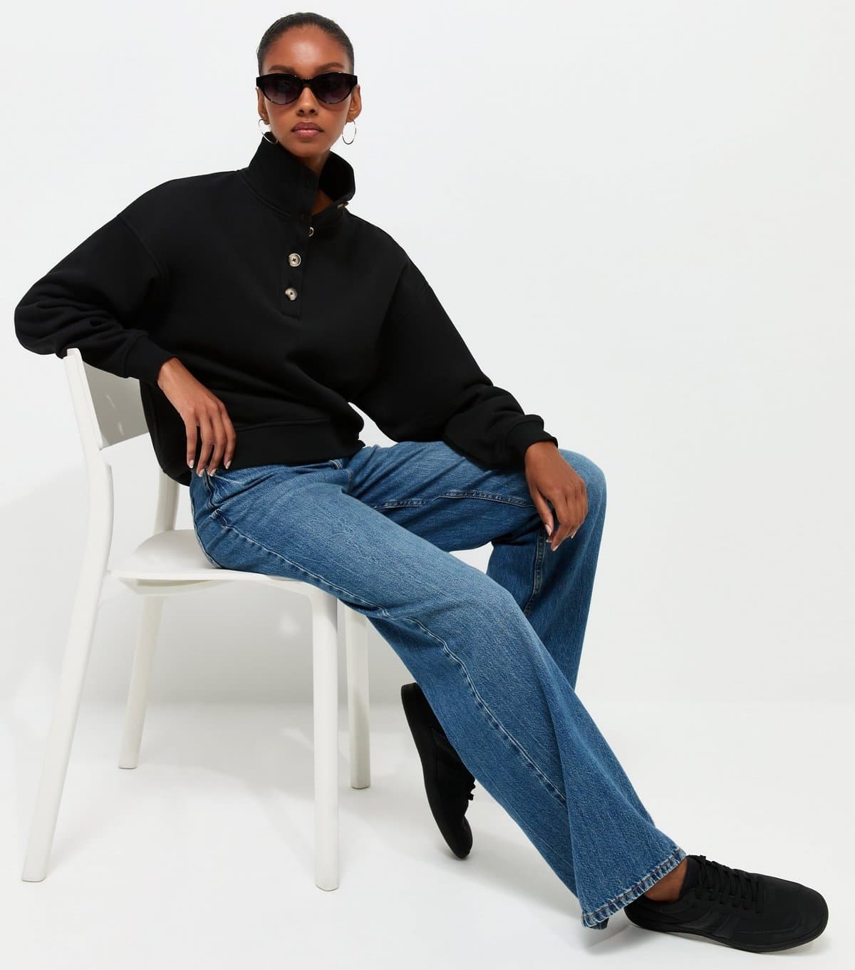 New Look Women's Black Cotton Rich Button Funnel Neck Sweatshirt New Look