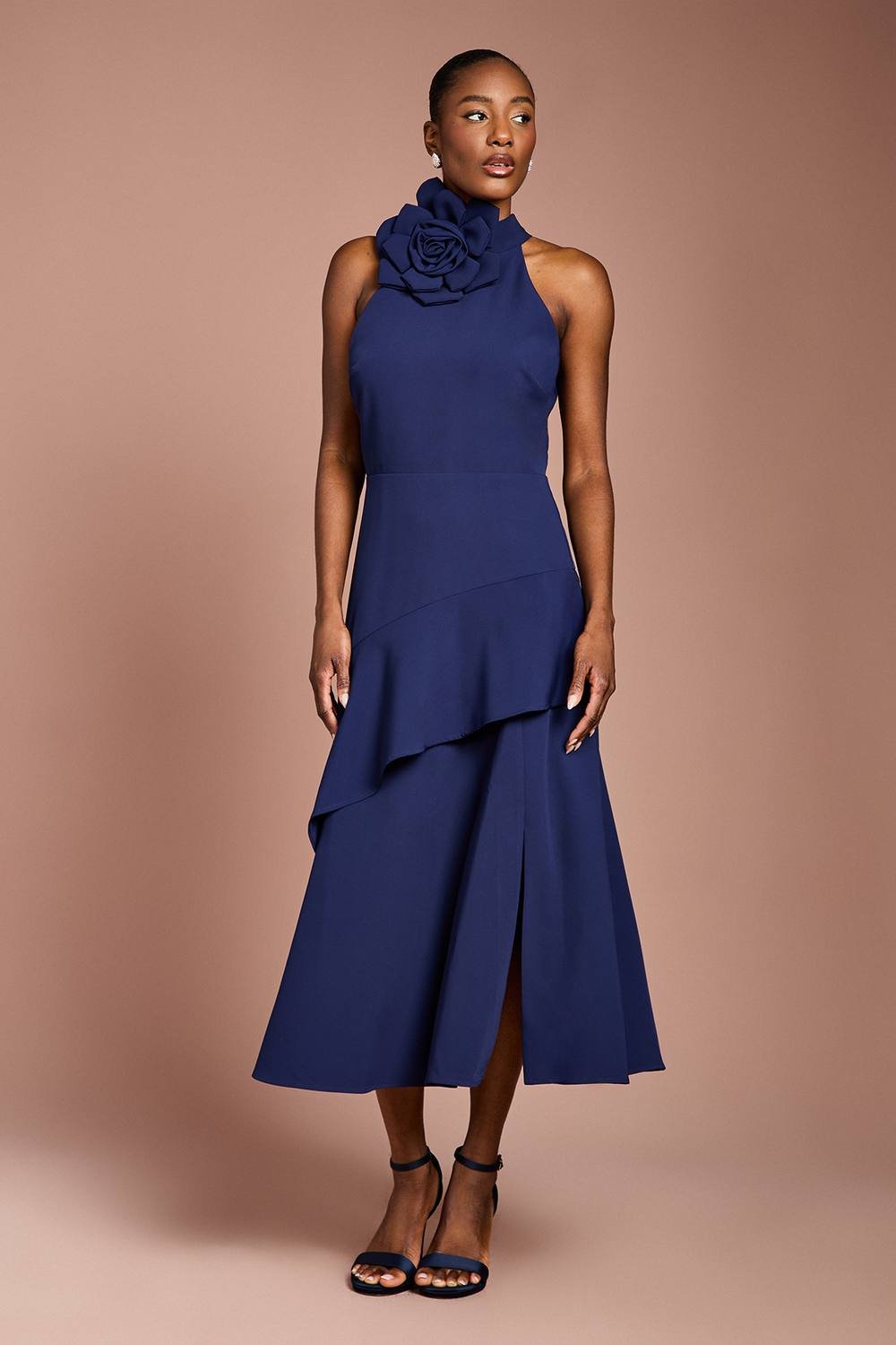 Coast Coast Women's High Neck Corsage Detail Midi Dress in Navy - 2