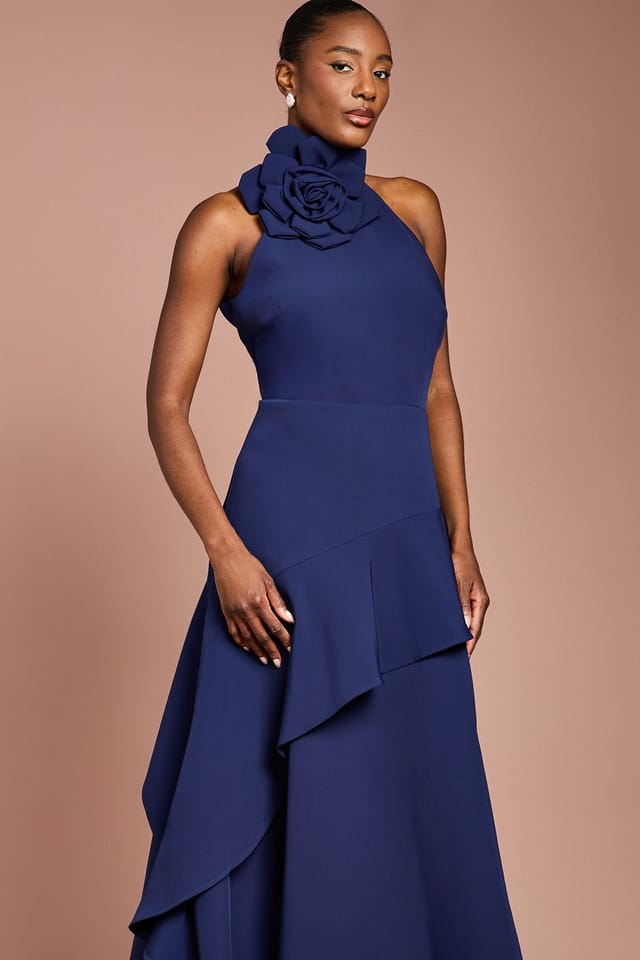Coast Coast Women's High Neck Corsage Detail Midi Dress in Navy - 2