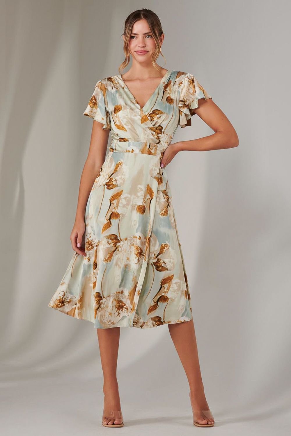 Jolie Moi Jolie Moi Women's Wrap Front Midi Dress in Light Green - 4