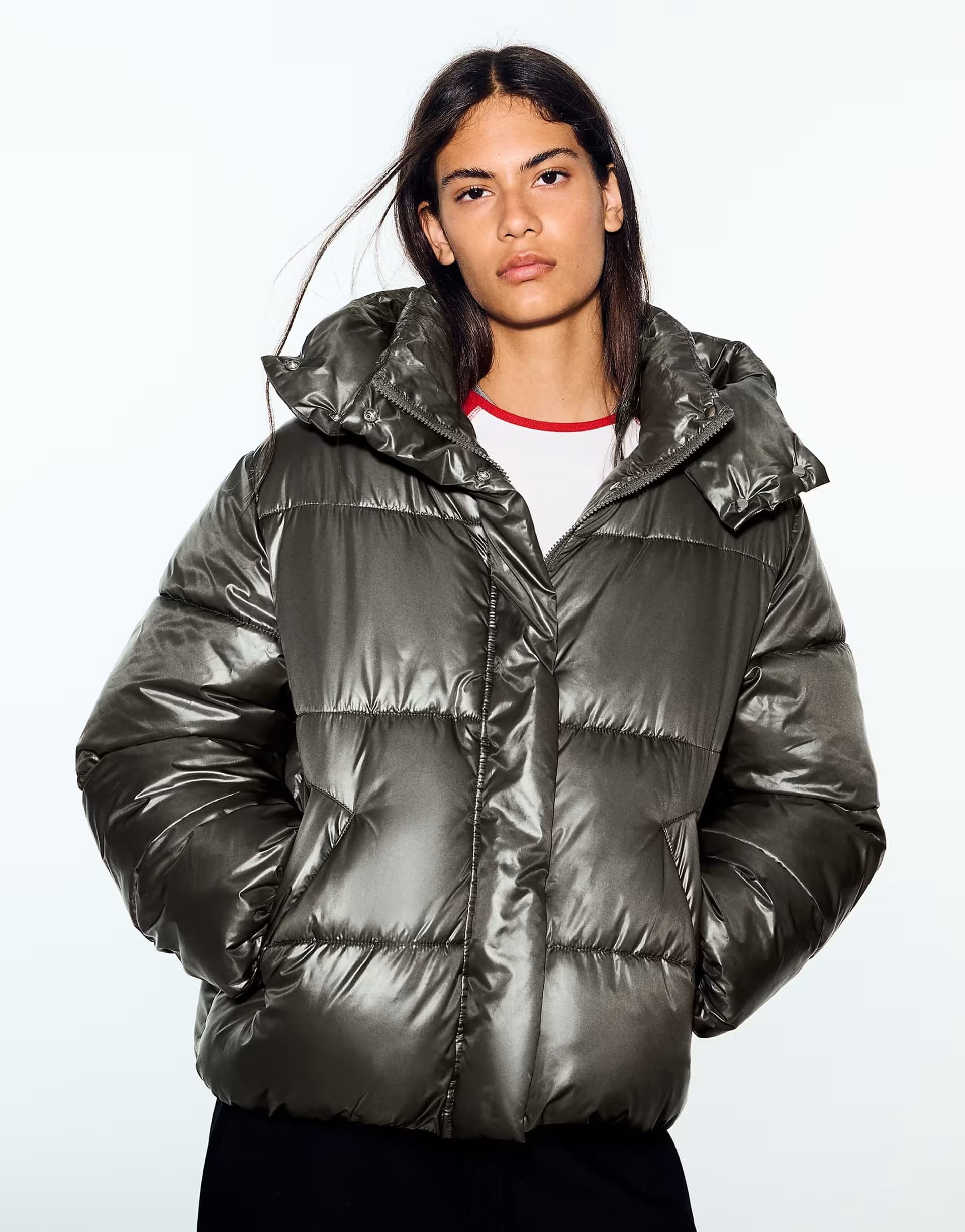 ASOS Bershka Oversize hooded puffer jacket in charcoal
