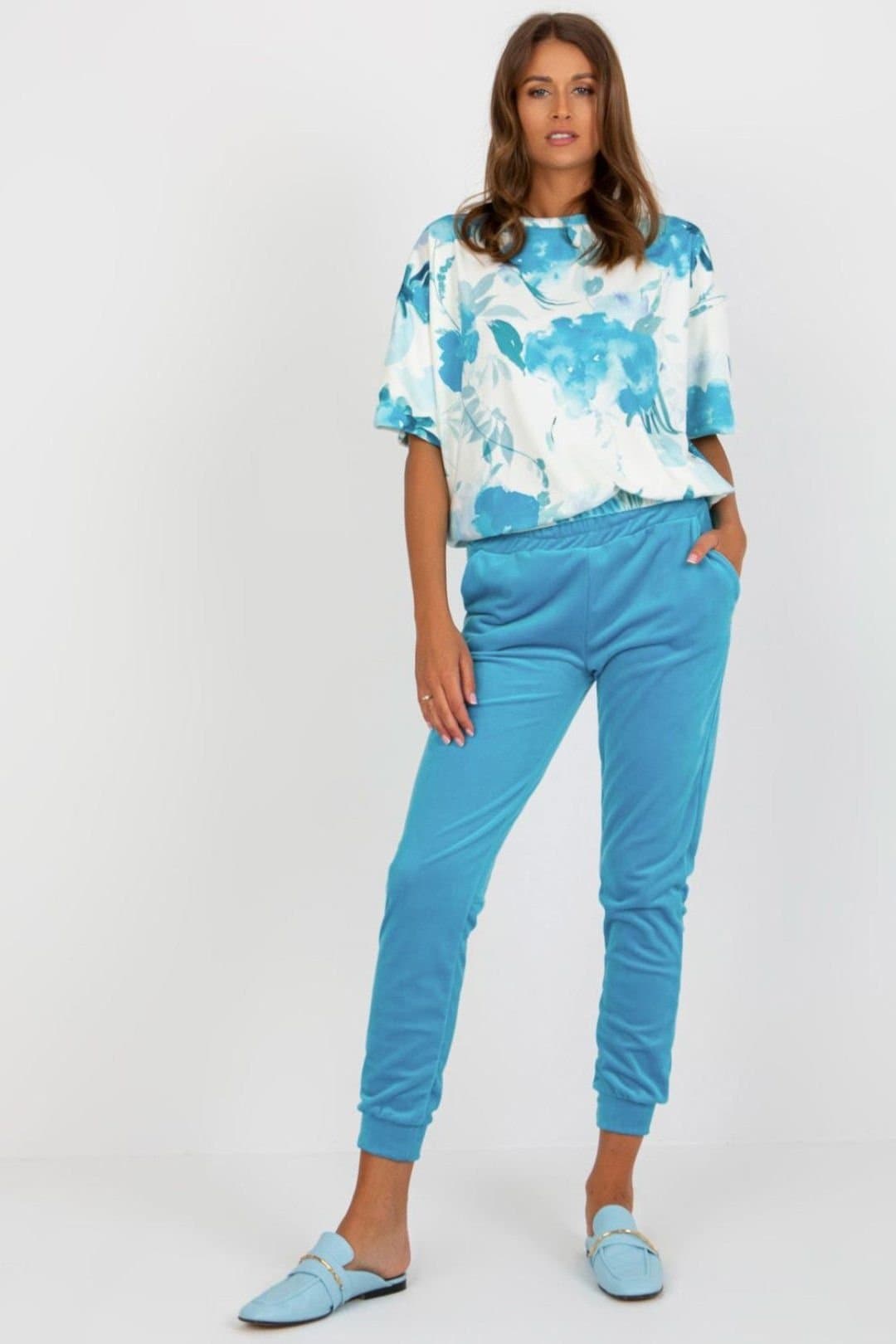 Love Lace Love Lace Women's Velour Blouse & High Waisted Pants Set in Blue