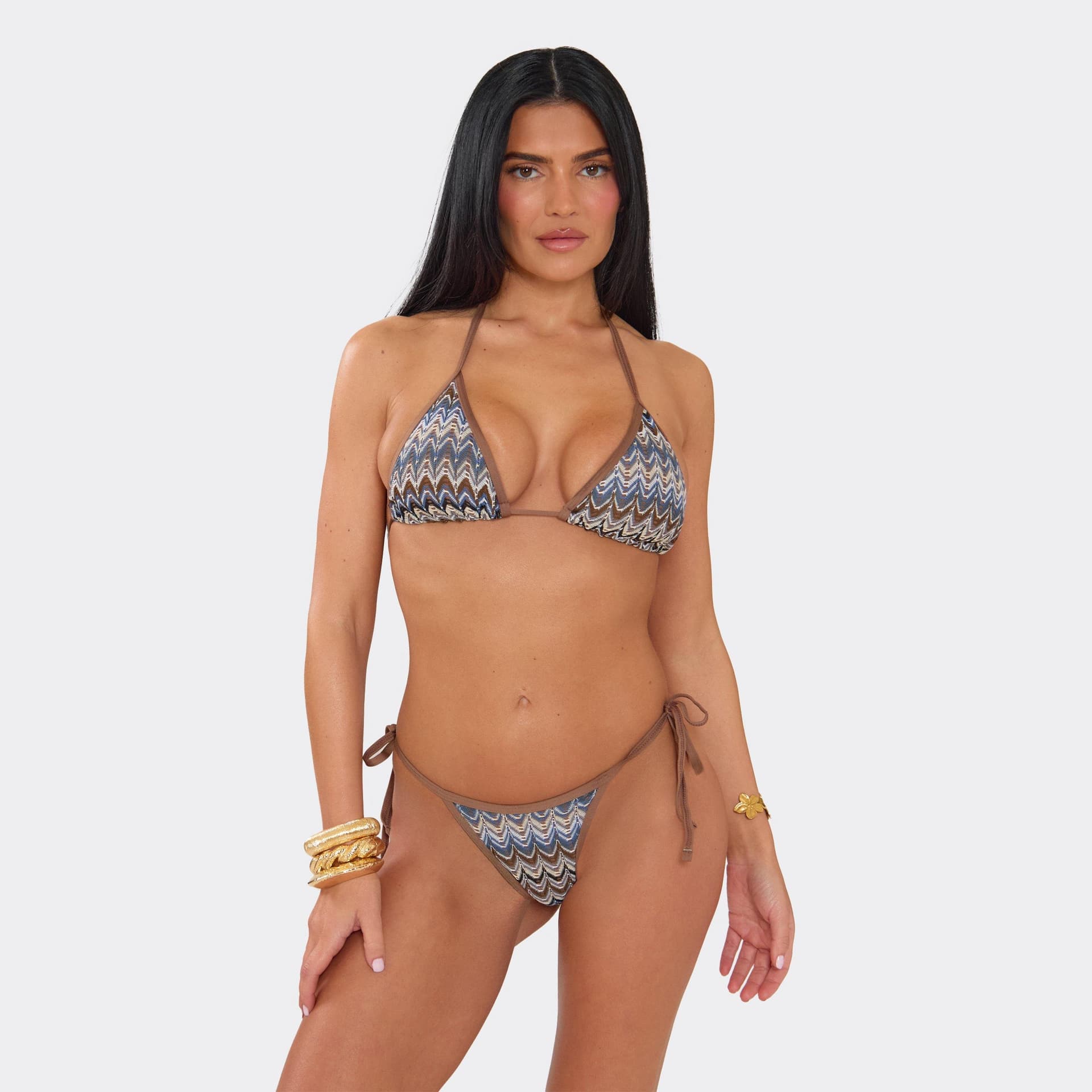 EGO Tie Side Bikini Bottoms In Blue Multi Zigzag Print, Women's Size UK L