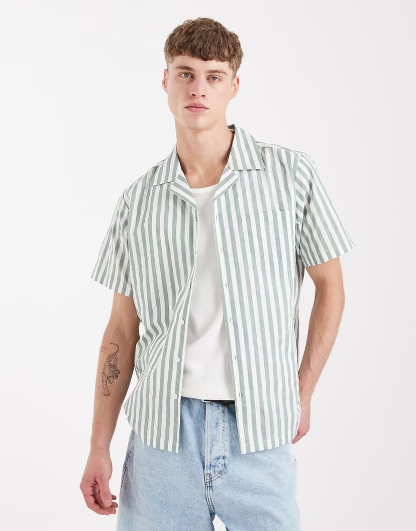 ASOS Sol Beach beach shirt in olive stripe - 1