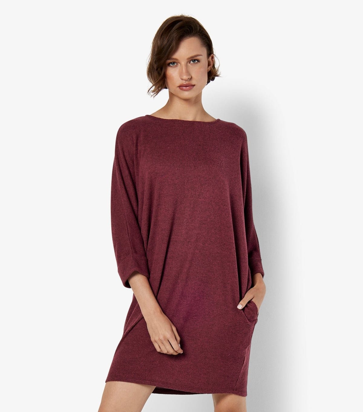 Apricot Burgundy Ribbed Cocoon Mini Dress