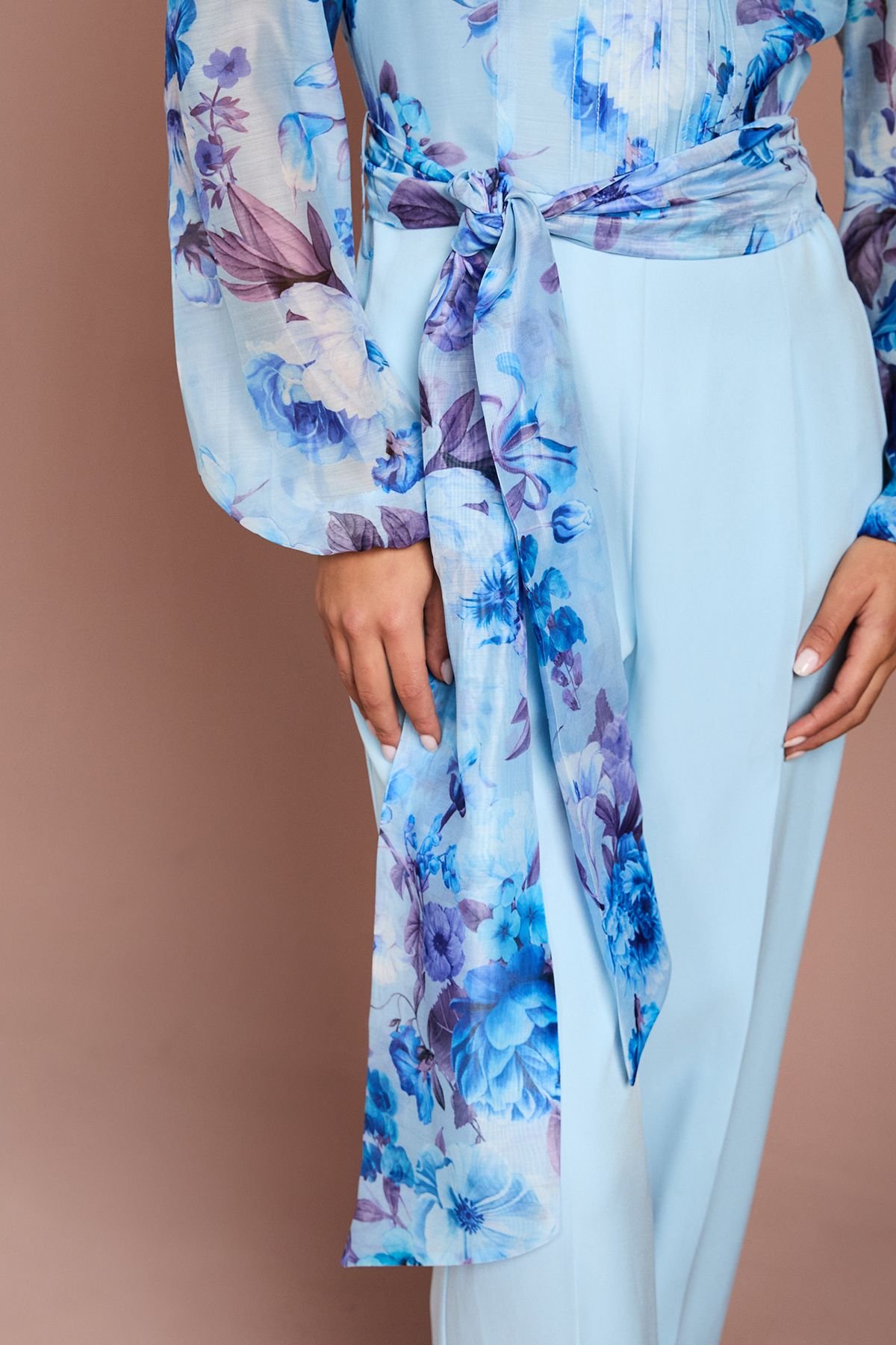 Coast Coast Women's Blouson Sleeve Pintuck Detail Wide Leg Wedding Guest Jumpsuit in Pale Blue - 4