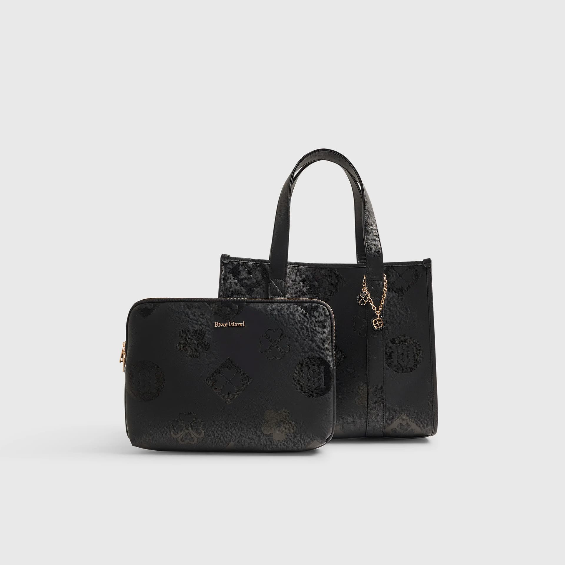 River Island River Island Womens Black Logo Embossed Large Tote Bag Set