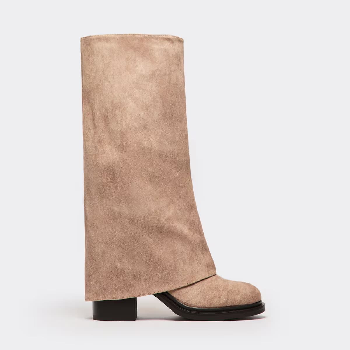 EGO Angola Layered Knee High Chunky Heeled Boot In Taupe Faux Suede, Women's Size UK 3