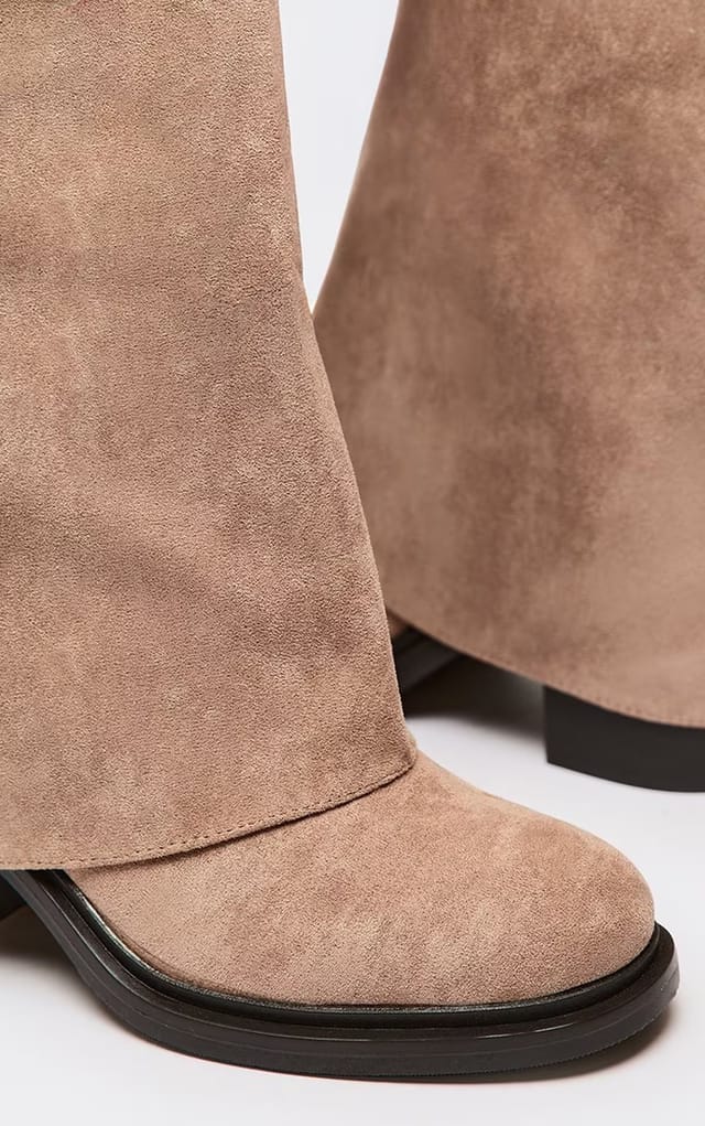 EGO Angola Layered Knee High Chunky Heeled Boot In Taupe Faux Suede, Women's Size UK 3 - 2