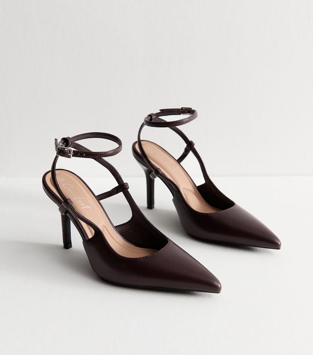 New Look Women's Dark Burgundy Faux Leather Cut Out Pointed Toe Slingback Pumps Vegan New Look - 2